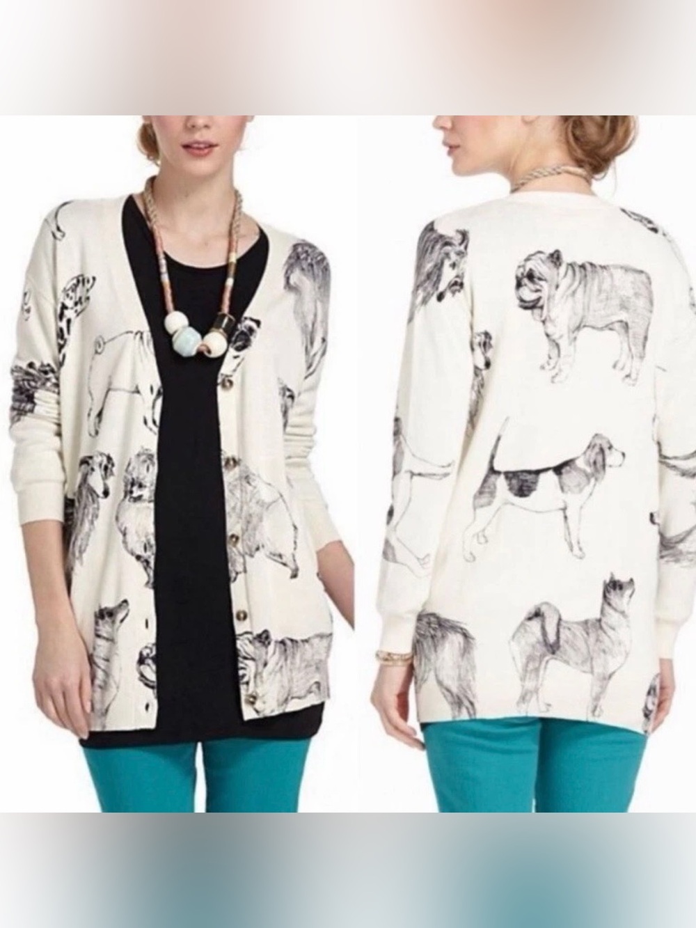 anthropologie | moth pooch posse longline cardigan dog print rare htf size m